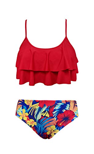 Shekini Girls Floral Printing Bathing Suits Ruffle Flounce Two Piece Swimsuits (Rose Red - B, 10-12 Years) #TOP2