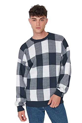 Trendyol Suéter de Gran tamaño a Cuadros con Cuello Redondo Sudadera, Azul Marino, XL para Hombre