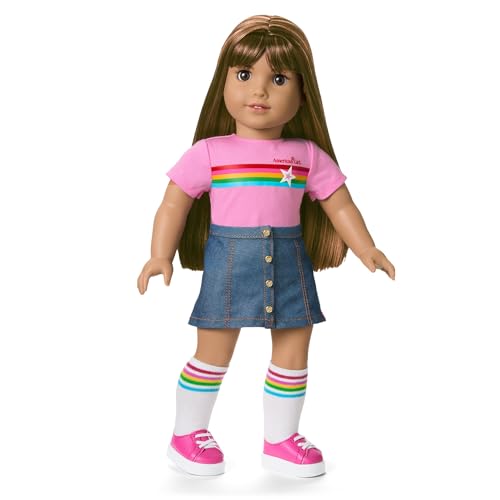 Image of Bundle of American Girl, Truly Me 18-inch Doll #122 with Brown Eyes, Straight Dark-Brown Hair, Tan Skin, for Ages 6+ + Truly Me 18-inch Doll Outfit, Pink & Preppy Outfit, for Ages 6+