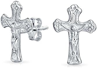 Catholic Crucifix Cross Religious Tiny Stud Earrings For Women For Men Teen Communion Gift .925 Sterling Silver