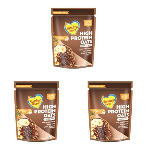 Image of Sundrop Heart High Protein Oats| 27g Protein| Zero Added Sugar| Whey Protein Added| 12.6g Fibre| 500g| Chocolate| Added Seeds, Almonds & Raisins (Pack of 3)