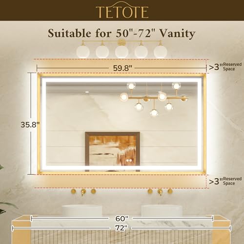 TETOTE 60 x 36 Bathroom Mirror Brushed Gold Metal Frame Frontlit & Backlit Vanity Mirror 3 Colors White/Warm/Natural Stepless Dimmable Anti-Fog Bathroom Mirrors for Vanity Wall-Mounted