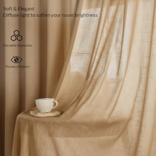 Image of HOMEMONDE Cotton Sheer Curtains 6 Feet Long Door Drapes Light Filtering Transparent Panels with Rod Pocket Header Single Piece (96 Inches, Dark Brown)