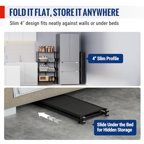 Image of WORKPRO 4-Tier Folding Shelf, No-Assembly Metal Storage Rack with Wheels, 600 lbs Capacity (with Leveling Feet), Collapsible Shelving Unit for Kitchen, Pantry, Bathroom & Closet Organization