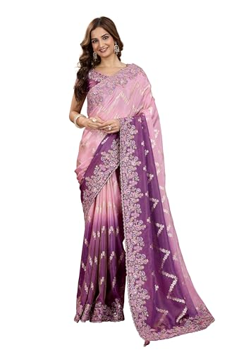 Image of TRENDMALLS Women's Jacquard Silk Embroidery Zarkan Work Saree with Unstitch Blouse Piece