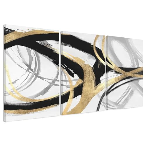 Image of DUWQU Triptych Black Gold White abstract Lines Canvas Wall Art 20x30 in x3 | Wooden frame, UV-resistant ink, Giclee printing process, Pre-installed hooks make it easy to hang home or office wall decor