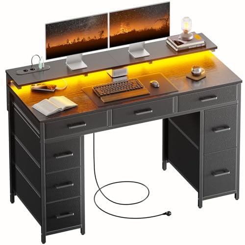 HLONONE Schreibtisch mit 8 Schubladen, Computertisch mit 2 Steckdosen und 2 USB Ladeanschluss, Bürotisch mit LED und Monitorständer, PC Tisch für Büro, Wohnzimmer, 120 x 50 x 74 cm, Schwarz