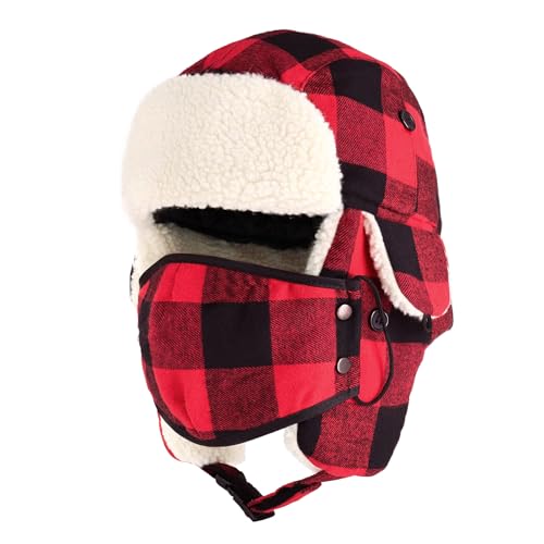 Image of Buffalo Plaid Winter Trapper Hat, Sherpa Lined Ear Flap Hunting Cap Men