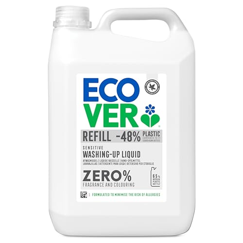 Ecover Zero Washing Up Liquid Refill, Washing Up Soap, Tough on Grease and Grime, Dermatologically Tested, 1 x 5L
