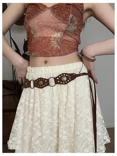 WDIRARA Women's Vintage Rivet Leather Belts Western Cowgirl Waist Belt for Jeans Dresses3