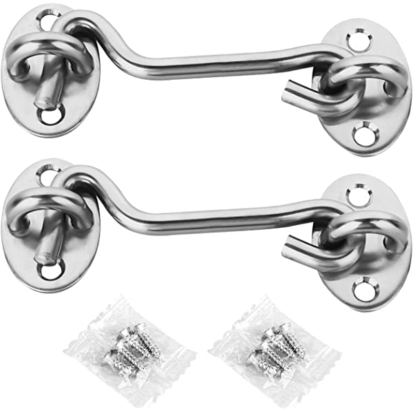 SRT1214 Hook 2 Pack 4 inch Privacy Hook and Eye Latch Solid Thick Stainless Steel Silver Finish Sturdy Lock Suitable for Barn Doors Screened Door Sliding Doors Bathrooms Windows Mounting with Screws