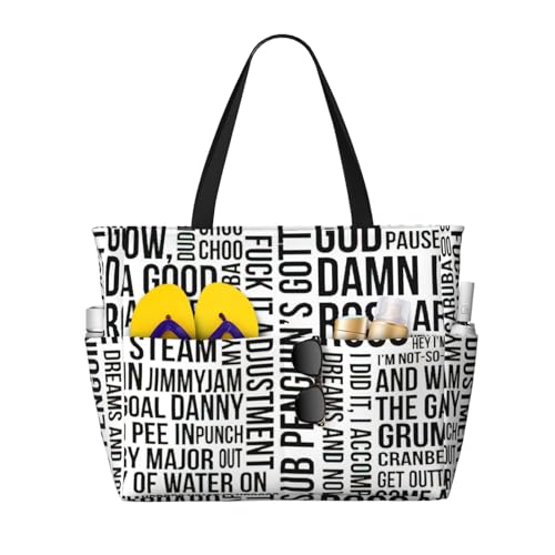 Fashion Game Quotes Print Beach Bag Waterproof Beach Totes Bags For Women, Lightweight Foldable Pool Bag With Zipper Wet Compartment