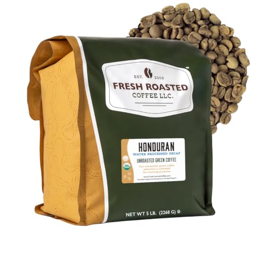 Fresh Roasted Coffee, Organic Honduran Water-Processed Decaf Unroasted Green Coffee Beans for Home Roasting, USDA Organic, 100% Single Origin, Kosher, 5 lb (80 oz)