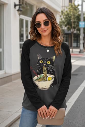 Image of Cat Shirts for Women Loose Fit Lightweight Long Sleeve Animal Tee | Black Cat Shirt for Women Cat Mom Graphic Tee Shirts Cat Shirt Long Sleeve Pullover Tops
