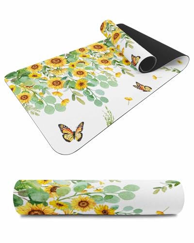 Debedcor Heat Proof Table Pads Waterproof Decorative, Sunflower Farmhouse Non-Slip Table Countertop Protector, Spring Rustic Eucalyptus Butterfly Insulation Mat for Dining Room, 48 x 12 Inches