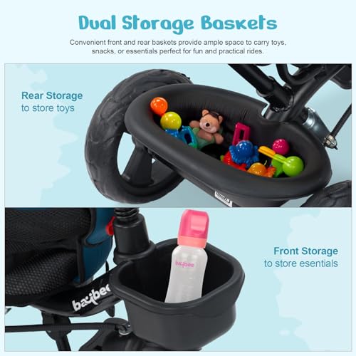 Image of Baybee 2 in 1 Baby Tricycle for Kids | Smart Balance Baby Trikes with Parental Handle, Cushion Seat, Safety Guardrail & Dual Storage | Kids Cycle for 2-5 Years Boy Girl (Tovino English Blue)