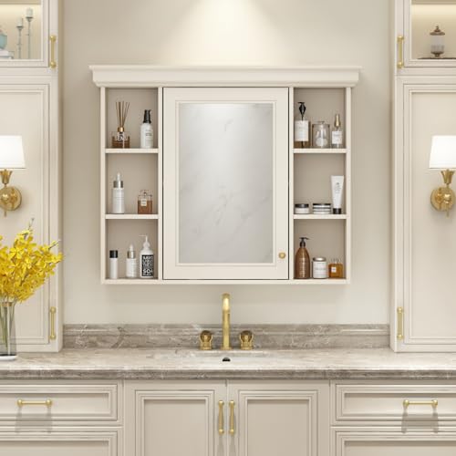 WEALTHOUSE 36'' Bathroom Vanity Set, Adjustable Storage Shelf, Painted MDF Frame, Freestanding Bathroom Storage Cabinet with 4 Drawers and Solid Resin Sink, for Bathrooms (Beige,Medicine Cabinet)