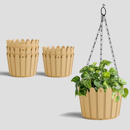 Image of YUCCABE ITALIA SHERA Hanging Fence 8 INCH Planter Pot Plastic Flower Hanging Pots for Home Decoration Sutiable for Indoor and Outdoor (Beige, Pack of 6)