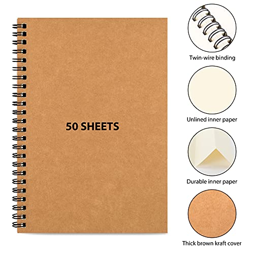 Labuk 7 Pack Unlined Spiral Notebook 100 Pages Blank Notebook Journal Bulk Sketch Books 8.3"X 5.5" Soft Cover Kraft Memo Notepads Diary Planner, 50 Sheets For School Travel Office Supplies (Brown) #TOP2