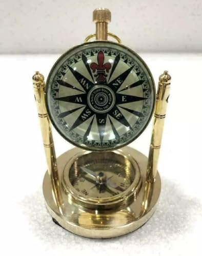 Vintage Brass Compass Clock – Antique Nautical Desk Timepiece with Mechanical Movement – Decorative Collectible for Home & Office