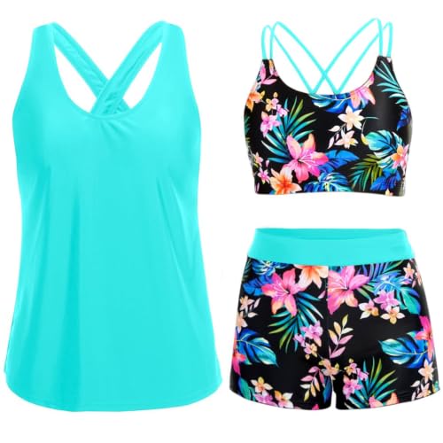 Image of Women's 3 Piece Tankini Swimsuit Tummy Control Bathing Suit with Boy Shorts