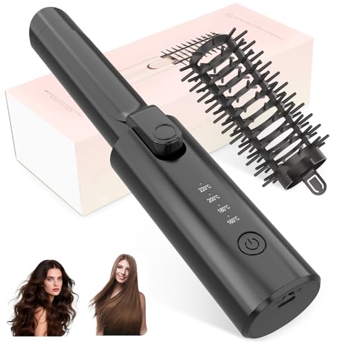 Kpuplol Kabellose Lockenstabbürste Tragbare Reise Lockenstab 6800 mAh USB-aufladbare Mini Lockenbürste Stylingbürsten mit Negativen Ionen 4 Stufig Regelbare Temperatur 160-220(Schwarz)