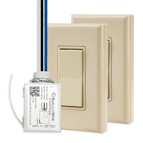 RunLessWire 3-Way Remote Light Switch Kit Wireless Battery-Free Self-Powered Kinetic DIY Wall Switch 150ft RF Range - 3 Way: 1 On/Off Receiver, 2 Switches - Light Almond