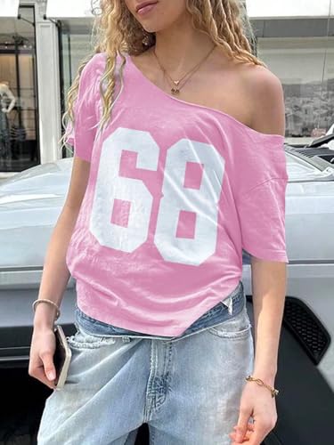 Image of SXV STYLE Women's Off Shoulder T-Shirt, Pink, Number 63 Print, Short Sleeve, Casual Style