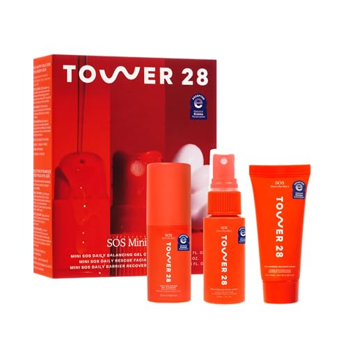 Tower 28 SOS Skincare Minis Travel Kit - Mini SOS Facial Spray Barrier Recovery Face Cream + Gel Cleanser - Facial Skin Care Products for Sensitive Skin - TSA Approved Travel + Gift Set (3 Count)