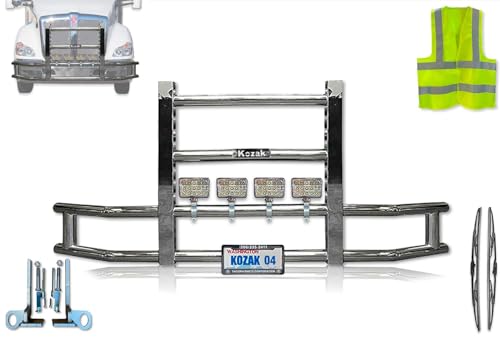 Steel Truck Bumper Guard - Deer Moose Guard, 4X 6 LED Headlight Compatible with Kenworth T680 2011-2020 Plus Windshield Wipers, License Plate Holder and Frame, Vest, Mounting Brackets