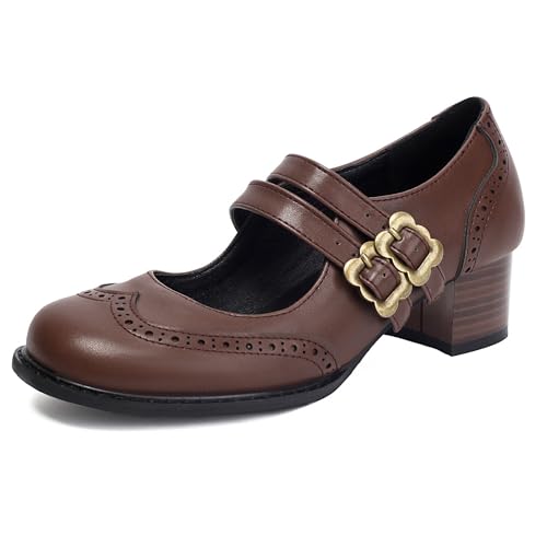 Chaussures Mary Jane bout rond brogue pump femme à talon moyen mi-haut
