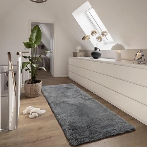 Image of Luxury Shaggy Carpet Solid Plain Fluffy Fur Rectangular Rugs For Bedroom Living Room 2X6 Feet Microfiber & Polyster Modern Interior Floor Mat Grey