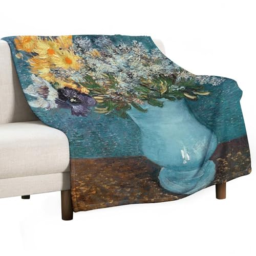 Vincent Van Gogh Jarrón de lilas, margaritas y anémonas, manta de forro polar, decoración de otoño, manta de franela para cama, sofá, camping, suave, 30 x 40 pulgadas