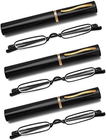3 Pack Mini Slim Pen Reading Glasses - Compact Readers with Pen Clip Case Spring Hinge Metal Frame Eyeglasses