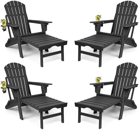 FUNBERRY Adjustable Folding Adirondack Chairs Set of 4 with Retractable Ottoman, All Weather Fire Pit Chairs with Cup Holder FUNBERRY Adjustable Folding Adirondack Chairs Set of 4 with Retractable Ottoman, All Weather Fire Pit Chairs with Cup Holder
