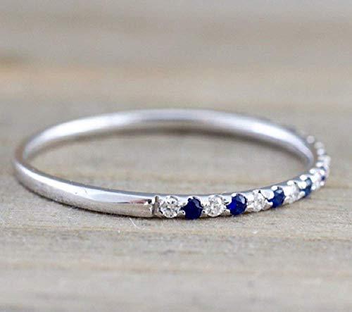 Yaya Women's 2mm 925Silver Blue Sapphire and White CZ Wedding Band Cubic Zirconia Half Eternity Stackable Engagement Anniversary Birthstone Ring Size 6 7 8 9 103