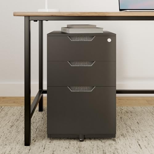 Image of Amazon Basics 3-Drawer Mobile File Cabinet with Lock, Rolling Filing Cabinet for Hanging Files, Black, 20.71 inch D x 15.51 inch W x 24.29 inch H