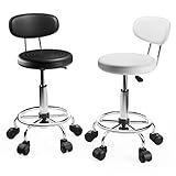 Taburete de Bar con Ruedas Juego de 2, Silla Escritorio Blanca Negras, Silla Tocador Regulables en Altura en Piel Sintética, Taburete Oficina Giratorio en 360°, Taburete Ruedas con Respaldo Reposapiés