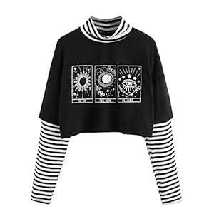 SweatyRocks-Womens-Color-Block-Butterfly-Print-Striped-Long-Sleeve-Crop-Top-T-Shirt SweatyRocks Women's Color Block Butterfly Print Striped Long Sleeve Crop Top T Shirt Graphic Black White M