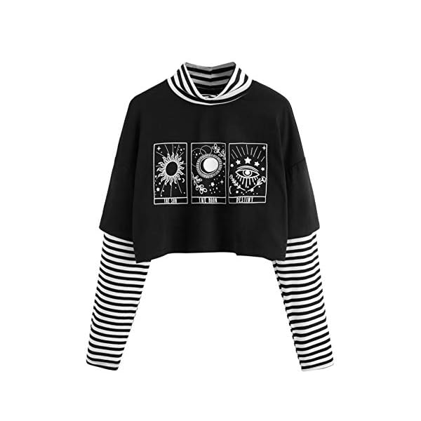 SweatyRocks-Womens-Color-Block-Butterfly-Print-Striped-Long-Sleeve-Crop-Top-T-Shirt SweatyRocks Women's Color Block Butterfly Print Striped Long Sleeve Crop Top T Shirt Graphic Black White M