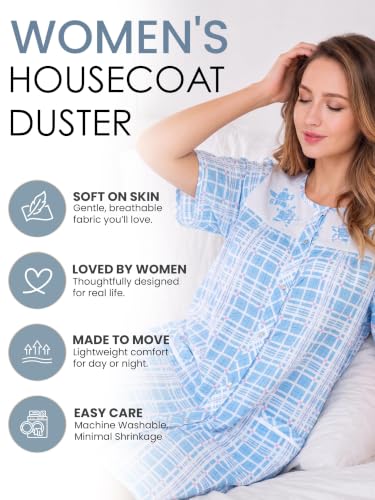 Image of Casual Nights Women's Snap - Front House Dress Short Sleeve Woven Housecoat Duster Lounger Robe with Pockets