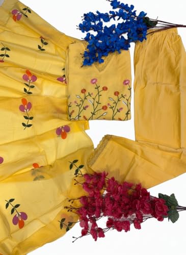 Image of Traditional Floral Embroidered Cotton Kurta Set with Dupatta