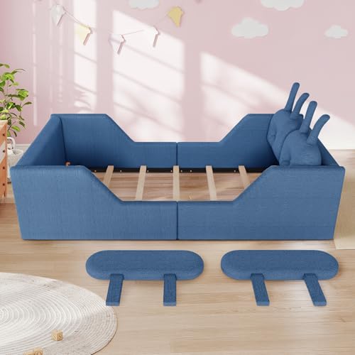 Image of Twin Size Kids Bed with Rabbit Cushions, Upholstered Boucle Fabric Platform Floor Twin Daybed with Removable Side Rail, Space-Saving Wooden Corner Sofa Couch Bed Frame for Girls, Boys, Teenager(Blue)
