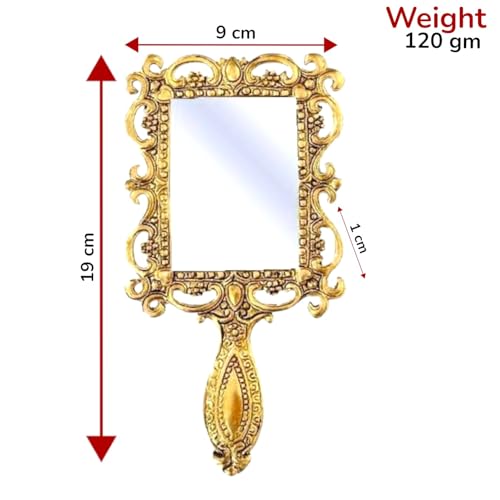 Image of KridayKraft Beautifully Carved Square Shape Gold Plating Metal Hand Mirror for Makeup, Travelling, Salon Mirror & Decorative Antique Item, framed