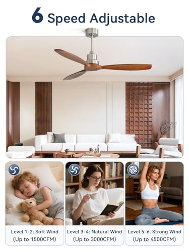 Image of Sofucor Ceiling Fan no Lights, 52 Inch Modern Wood Ceiling Fan with Remote, 3 Wooden Blades and 3 White Downrods, for Indoor Bedroom Living Room Outdoor Patio Porch, Reversible DC Motor, Brown