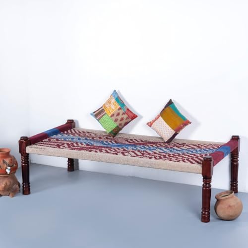 Image of Solid Sheesham Wood Charpai Khat Bed | Wooden Khatiya Charpai Desi | Handcrafted Khatiya Bed with Cotton Rope | Strong Khat for Indoor & Outdoor Use | 6X3 Feet | Dori 2 Wine Blue