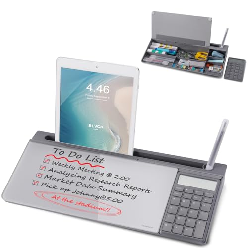 Image of Small Glass Desktop Whiteboard Dry-Erase-Board - Computer Keyboard Stand with Calculator White Board Surface Pad with Drawer, Desk Organizers with Accessories for Office, Home, School Supplies - Grey