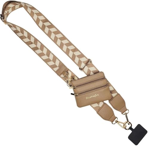 Image of Save the Girls Original Clip and Go Phone Strap Pattern (Chevron Brown /Cream) - Crossbody Phone Strap Chain with Zipper Wallet Pouch - Phone Lanyard Zippered