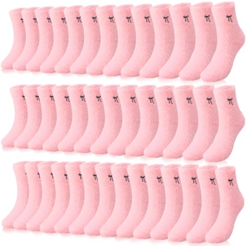 Chicingyou 10 Pairs Women's Bow Fuzzy Socks Winter Warm Soft Slipper Socks Coquette Stuff Fluffy Thick Cozy Spa Home Sleeping (Pink)