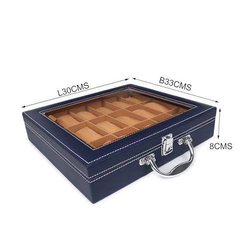 Image of LEDO Luxury Watch Box Organizer with 18 Slots, PU Leather Case, Transparent Display, Blue and Cream Interior, Metal Clasp Lock, Rectangular, Modern Classic Style
